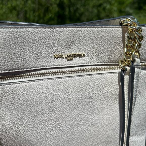 Karl Lagerfeld Cream & Gold Shoulder Bag Agyness Design Triple Compartment EUC - Picture 3 of 15